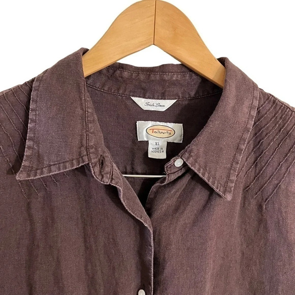 Talbots Chocolate Brown Irish Linen Button Up Shirt XL Pleating Details Collared - Picture 3 of 8